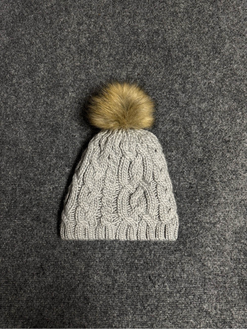 Cable Knit Pom Beanie in Light Gray with Faux Fur Pom